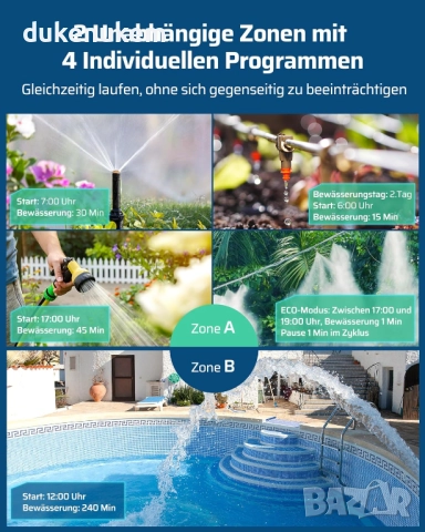 Програматор, таймер за напояване с 2 независими изхода и 4 програми за всяка зона, снимка 3 - Напояване - 52463573