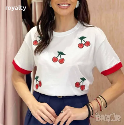 Памучни дамски тениски с черешки Различни цветове , снимка 7 - Тениски - 50411642