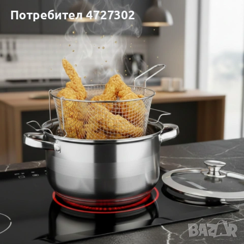 Тенджера с кошница за пържене и стъклен капак Cheffinger Ø24 см – инокс, 6,5 л, за всички котлони, снимка 2 - Съдове за готвене - 53721929