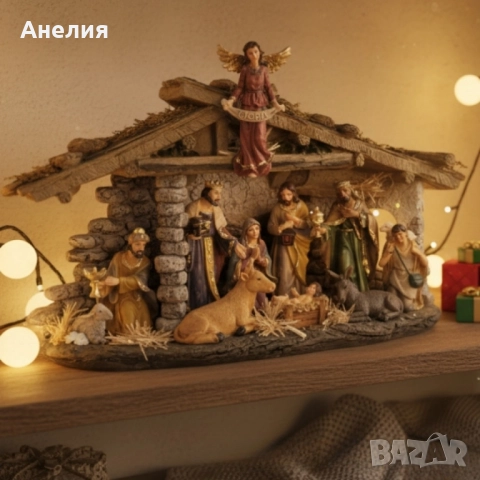 Коледна ясла „Рождество“ – завършена празнична сцена с фигури и ангел „GLORIA“