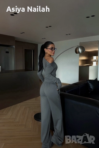 Дамски сив сет от две части – блуза с асиметричен дизайн и панталон, снимка 5 - Комплекти - 52795113