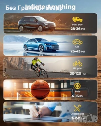 Нов компресор Портативна помпа за гуми 10.34 Bar авто стоп LED дисплей, снимка 4 - Друга електроника - 53839406