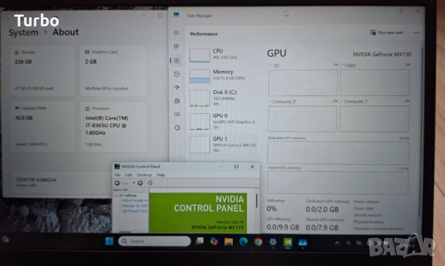 14' IPS Dell Vostro Core i7-8565U/16GB DDR4/NVIDIA MX130 2GB/256GB SSD/Бат.4ч., снимка 6 - Лаптопи за работа - 53878087