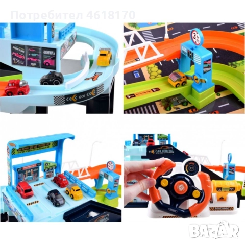 Комплект от писта за игра с 4 броя колички, волан и електрически асансьор мод, снимка 6 - Коли, камиони, мотори, писти - 52380110