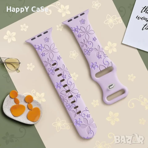 FLORAL Силиконова каишка за Apple Watch Series 11/10/9/8/7/6/5/4/3/2/1/SE/SE2/SE3, снимка 8 - Каишки за часовници - 50992006