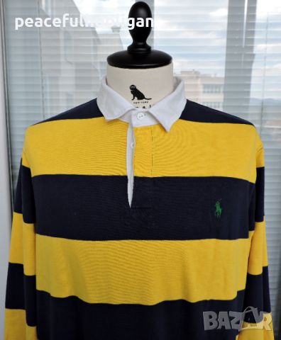 Polo Ralph Lauren Vintage 90’s Pique Rugby Shirt Men’s Yellow/Blue Striped XL, снимка 2 - Блузи - 45265055