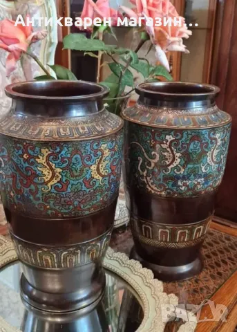 Cloisonne  Античен комплект вази -1920 г. , снимка 5 - Вази - 48893129