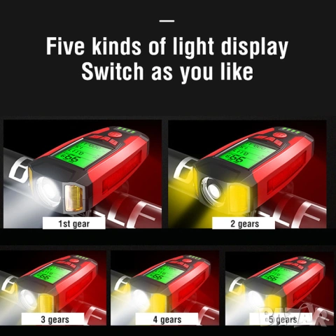 Фар за колело с километраж, фар за велосипед, презареждаем, компютър, сирена, клаксон, батерия, снимка 12 - Аксесоари за велосипеди - 54230411