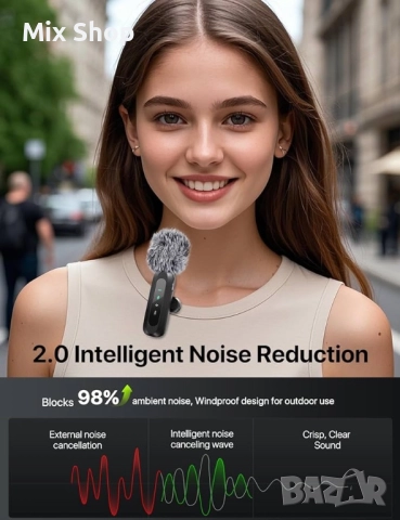 Безжичен лавалиер микрофон, предаване от 30 метра, всепосочен звук, съвместим с iPhone и Android, снимка 2 - Друга електроника - 52145428