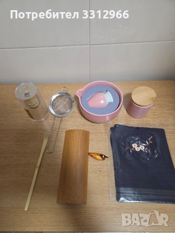 Чисто нов Комплект за чай мача, бамбук/керамика, 9 части, розов