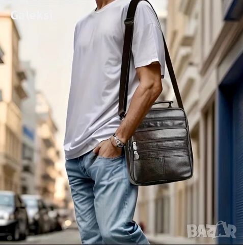 Мъжка дизайнерска ежедневна и стилна чанта с ципове /Кафява естествена кожа! 