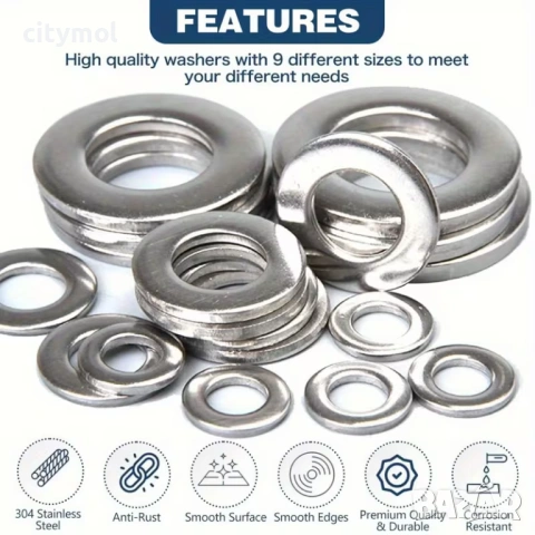 Комплект от 600 броя неръждаеми шайби - M2, M2.5, M3, M4, M5, M6, M8, M10 и M12, снимка 5 - Други инструменти - 53642585