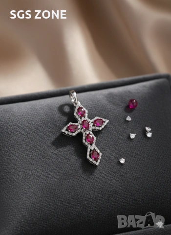 Стилен и масивен сребърен кръст с рубин от Таиланд, снимка 6 - Колиета, медальони, синджири - 53324103