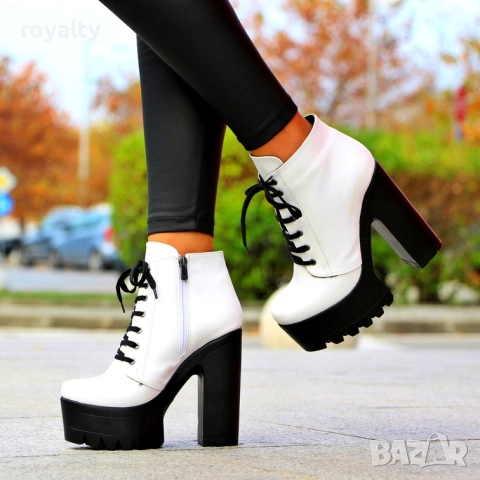 Боти на ток - бяла кожа с черно ходило, снимка 5 - Дамски боти - 54159996