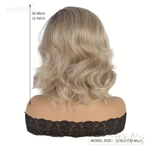 Модерна пепеляво руса перука с тъмни корени - чуплива, асиметрична прическа, снимка 4 - Аксесоари за коса - 53727909