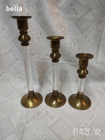 Елегантен комплект винтидж бронзови свещници (3 бр.) в стил Hollywood Regency., снимка 8 - Антикварни и старинни предмети - 53389830