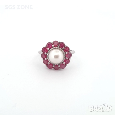 СРЕБЪРЕН ПРЪСТЕН С ПЕРЛИ, ОБКРАЧЕНИ ОТ САПФИРИ ИЛИ РУБИНИ, ТАЙЛАНД, снимка 7 - Пръстени - 52317817