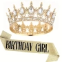 Комплект златиста корона тиара с камъни с лента за рожден ден Birthday girl, снимка 3