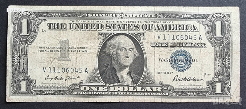 Банкнота 4 . САЩ .Долар . 1 долар . Син печат . 1957 година., снимка 1