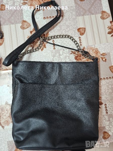 Черна кожена чанта тип торба, снимка 1