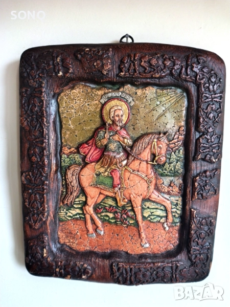 Прекрасна Много Стара Дървена Икона - Свети Мина, снимка 1