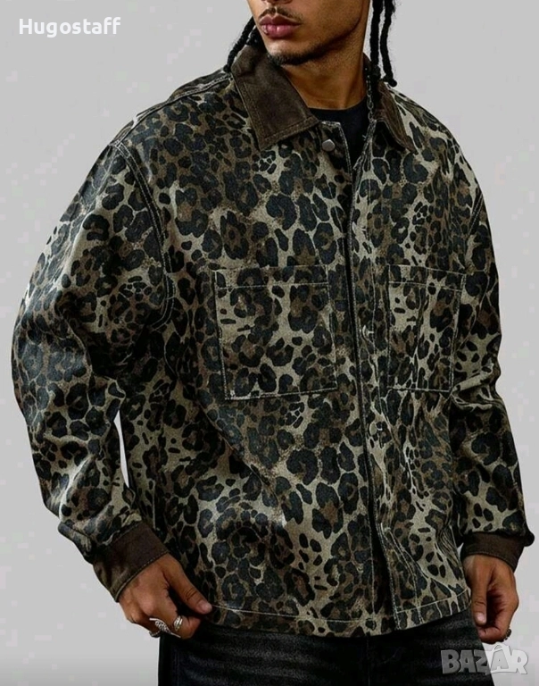 Ново мъжко дънково яке риза зелено леопард камуфлажно деним памук ХХЛ, снимка 1