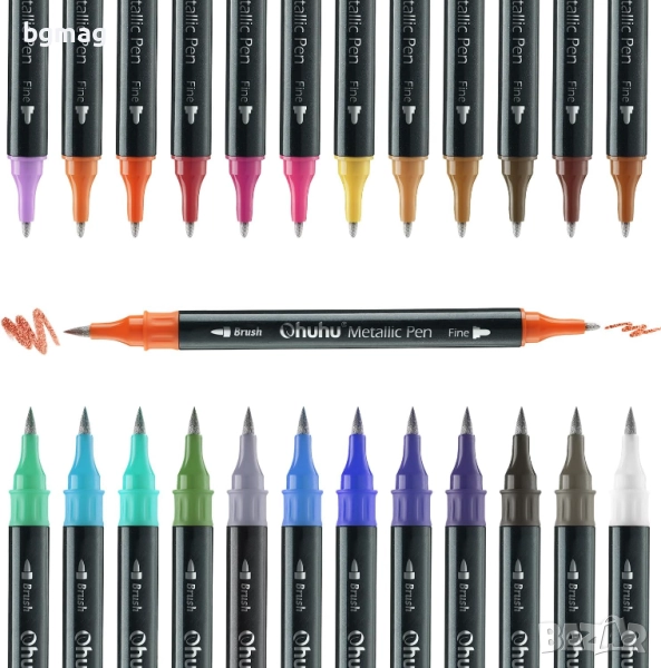 ✎Ohuhu Metallic Marker Pens маркери с два писеца тип четка и тънък писец, 24 металикови цвята, снимка 1