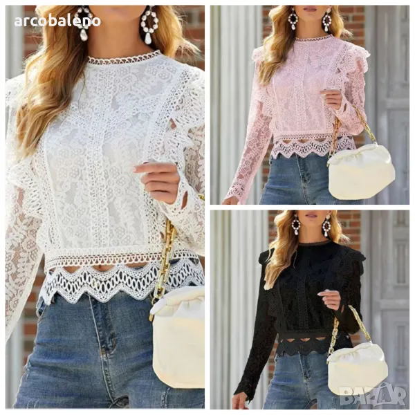 Дамска едноцветна блуза с бродирана дантела, 3цвята , снимка 1