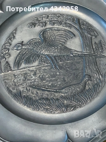 Немска калаена чиния за стена «Фазани»., снимка 2 - Антикварни и старинни предмети - 52952879