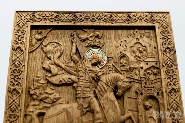 Позлатена релефна икона на Свети Георги Победоносец от масивен дъб - 9 карата, снимка 6 - Икони - 46006441