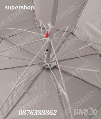 ПРОМОЦИЯ! Плажен чадър с чупещо рамо, УВ защита, калъф, колчета, тризъбец 190см., снимка 7 - Градински мебели, декорация  - 51037089