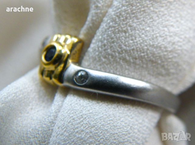 Сребърен пръстен с позлата,природен сапфир и топази, снимка 4 - Пръстени - 45671351