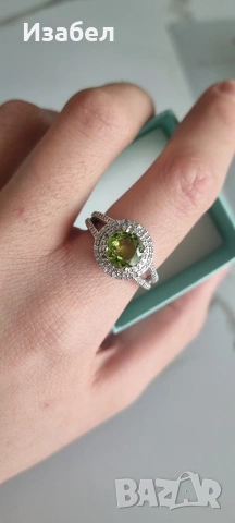Пръстен с перидот и диаманти, снимка 5 - Пръстени - 53592868