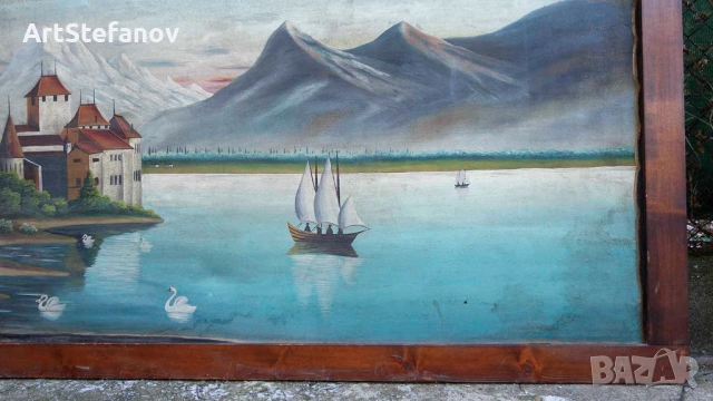 Стара антикварна маслена картина - пейзаж с езеро и замък от Алпите, голям размер 80см / 170см., снимка 4 - Антикварни и старинни предмети - 53444820