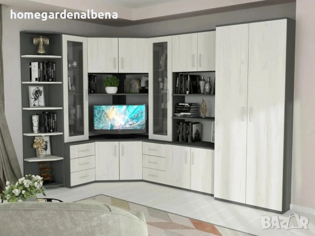 Ъглова секция Бохем — антрацит/бял дъб — 290/170/200 см — витрини, гардероб