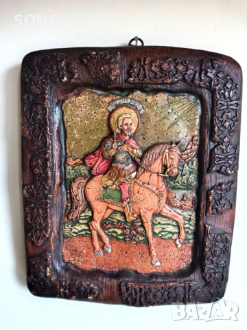 Прекрасна Много Стара Дървена Икона - Свети Мина