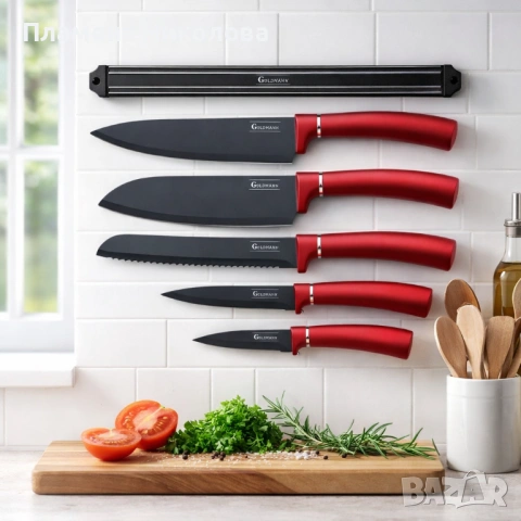 Комплект ножове Goldmann GM 5259, 5бр. с магнитна релса, Незалепващо покритие, Кутия, снимка 3 - Прибори за хранене, готвене и сервиране - 53615456