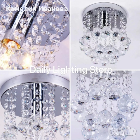 Модерен таванен полилей с големи кристални сфери и основа в сребристо, снимка 3 - Лампи за таван - 52081530