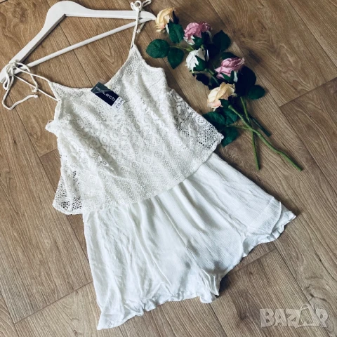 РАЗПРОДАЖБА Нов летен бял гащеризон с къс крачол, с дантела, памук и вискоза размер 38 S/M, снимка 1