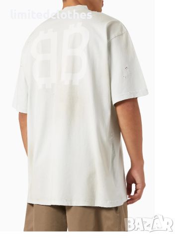 BALENCIAGA Dirty White Destroyed Crypto BB Logo Print Oversized Мъжка / Дамска Тениска size L (XL), снимка 5 - Тениски - 46030159