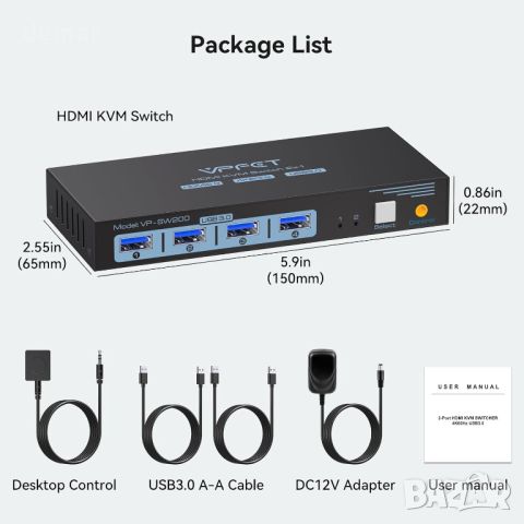 HDMI KVM превключвател 2 компютъра 1 монитор 4K@60Hz USB 3.0 и 4 USB 3.0 устройства, снимка 7 - Друга електроника - 46788528