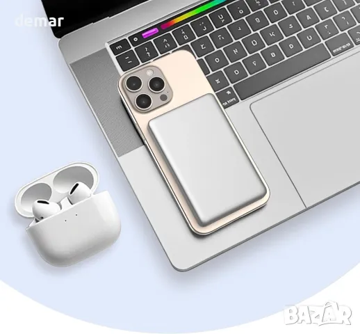 JUOVI Магнитна безжична външна батерия, ултратънка 5000mAh, 20W PD (бяла), снимка 7 - Външни батерии - 50399992