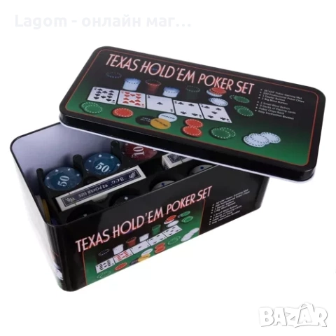 Комплект за покер Texas Hold'em, 200 чипа, 2 пакета карти, подложка за игрална маса, снимка 3 - Настолни игри - 52562419
