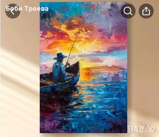 Живописен Абстрактен Крайбрежен Залез с Лодки, Модерна Импресионистична Картина, снимка 3 - Картини - 50980858