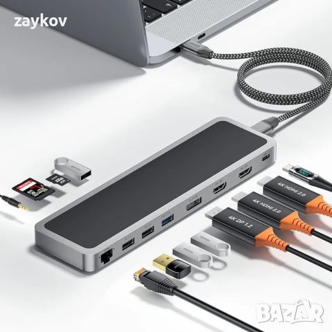 12 в 1 USB C хъб, USB-C докинг станция за лаптоп, троен дисплей тип C адаптер, снимка 1 - Друга електроника - 46064398