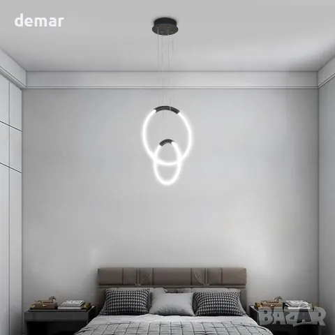 LED полилей Surpars House, модерна таванна лампа, 2 пръстена, регулируеми по височина, снимка 5 - Полилеи - 49709580