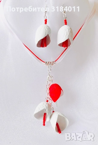 Обеци и колиета в червено и бяло, снимка 6 - Колиета, медальони, синджири - 53604416