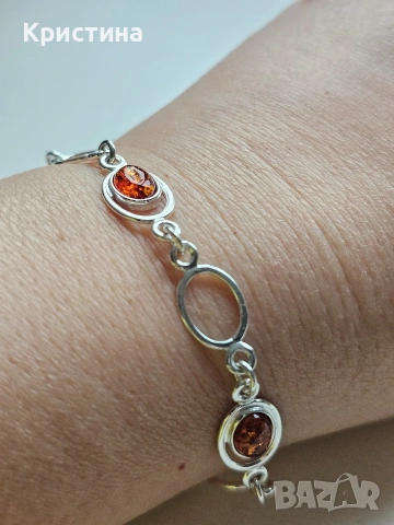 Красива сребърна гривна с Кехлибари, снимка 3 - Гривни - 53904694