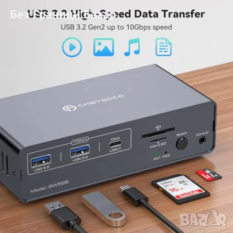 Нов KVM превключвател 4K@120Hz двойни монитори USB-C докинг станция, снимка 4 - Друга електроника - 48312423