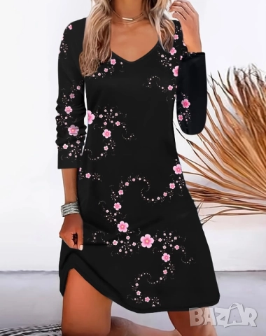 Черна рокля на цветя, нова, с еластан